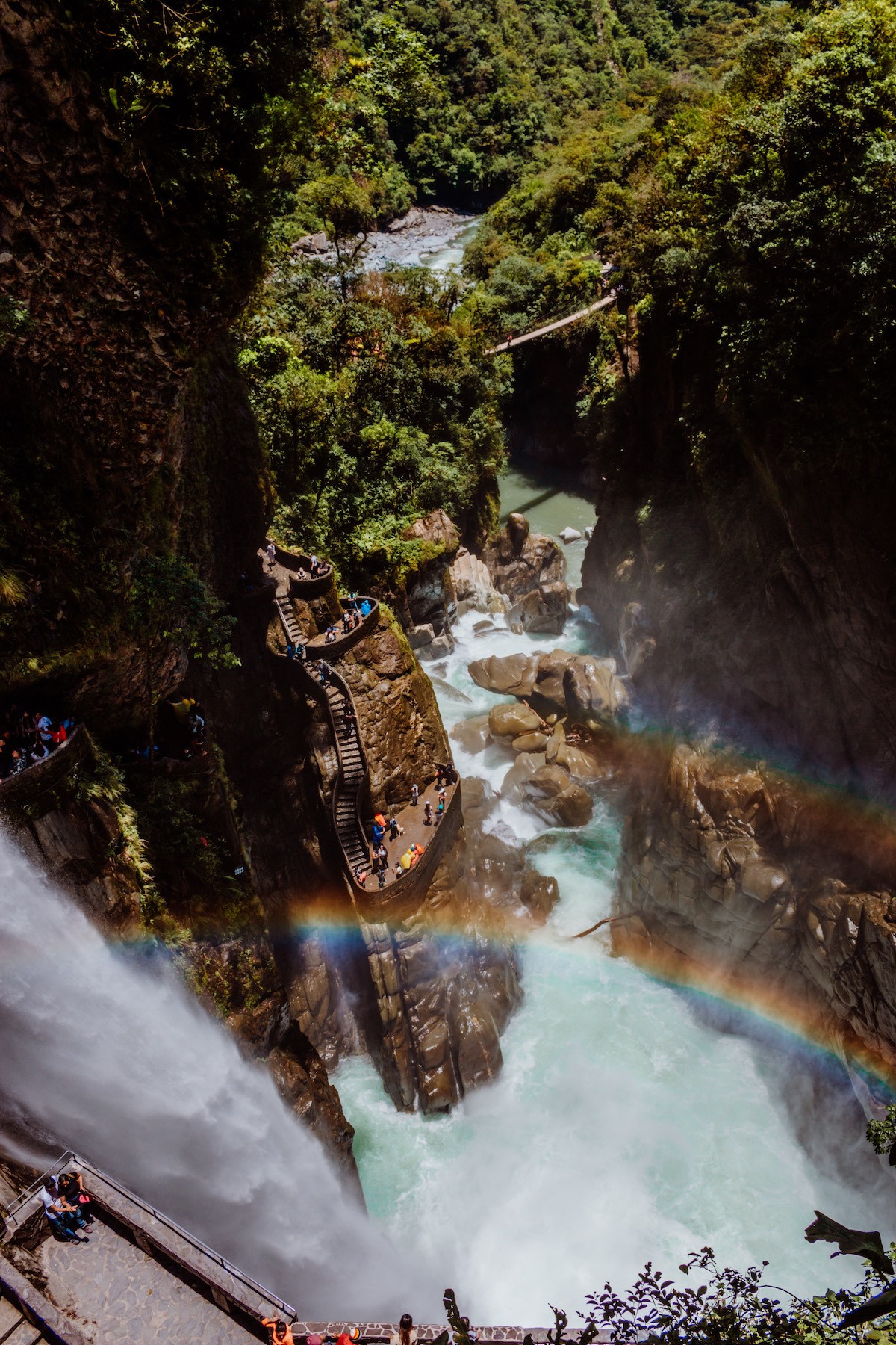 The Pailón del Diablo waterfall in Baños seen from above, with a rainbow in the spray