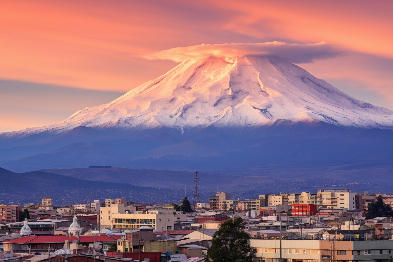 Ciudad de Riobamba con el volcán Chimborazo al fondo