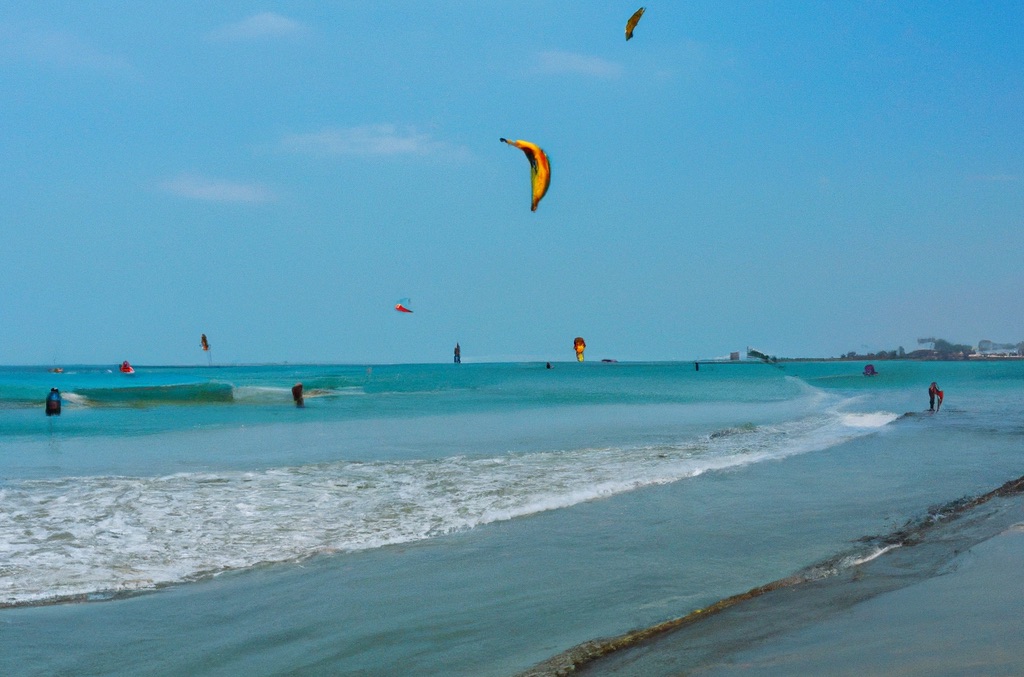 Beach of Playa Santa Marianita in Manta Ecuador with Kitesurfers in the water