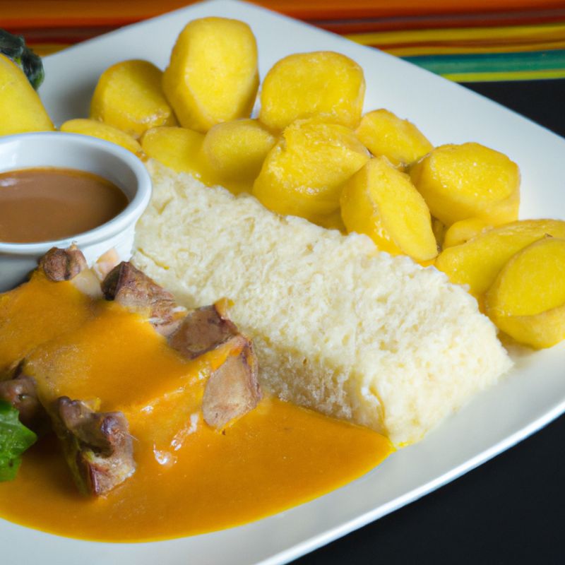 GUATITA ecuadorian dish: cow belly served in square cuts drizzled with peanut sauce and with potatoes or rice