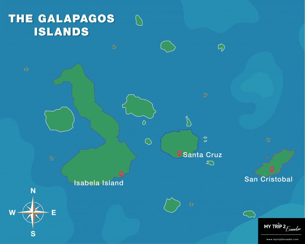 Map of Galapagos with three islands marked: San Cristobal, Santa Cruz and Isabela Island