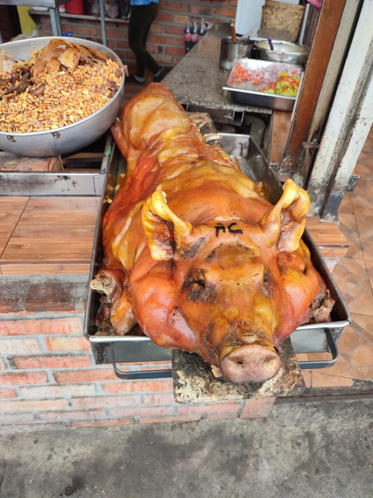 Stuffed Hornado (roasted pig) on Ecuadorian's street market
