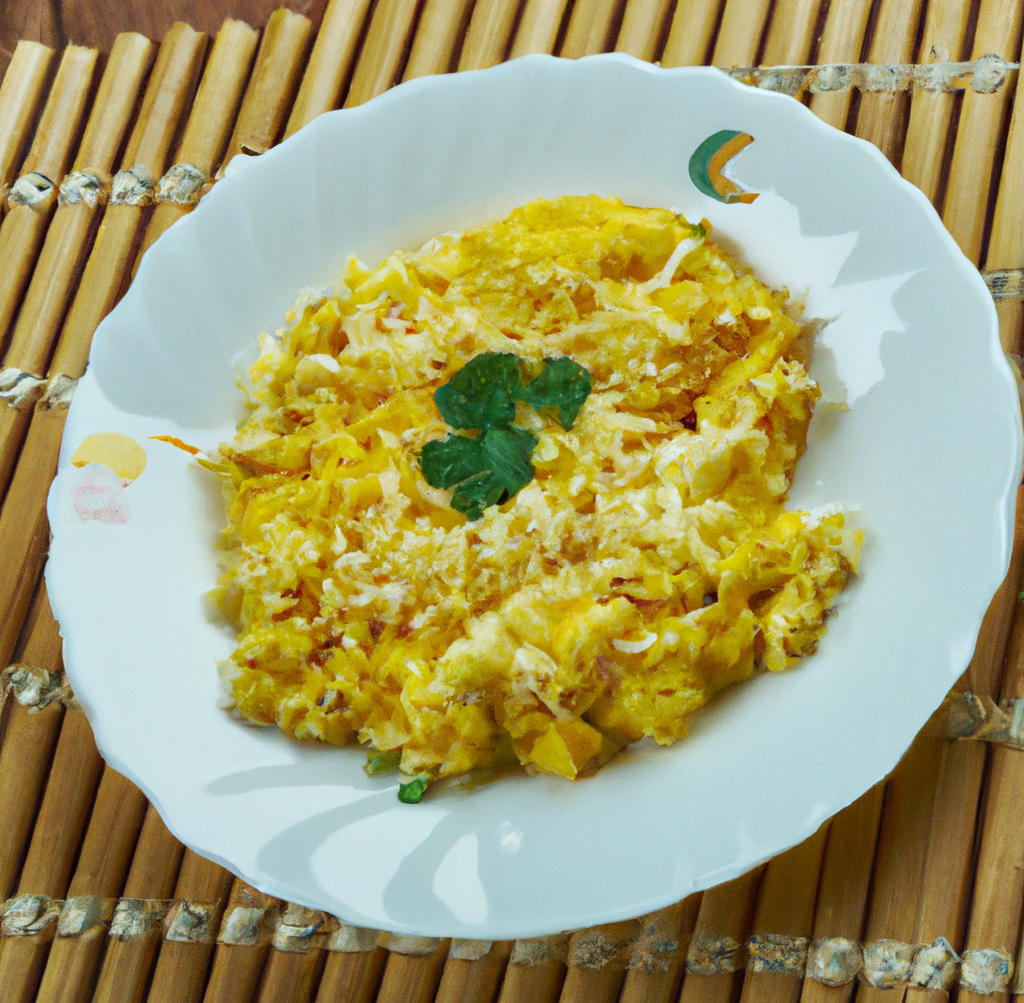 Tigrillo ecuadorian breakfast dish made with fried green plantain scramble with buttery eggs and shredded cheese