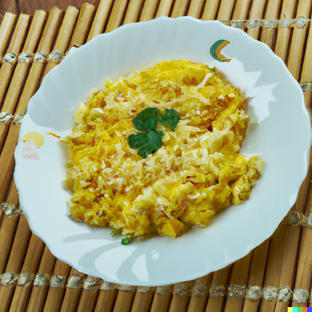 Tigrillo ecuadorian breakfast dish made with fried green plantain scramble with buttery eggs and shredded cheese
