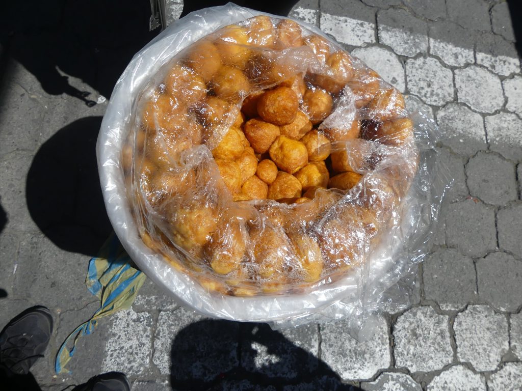 Food at Otavalo market (grilled bananas)