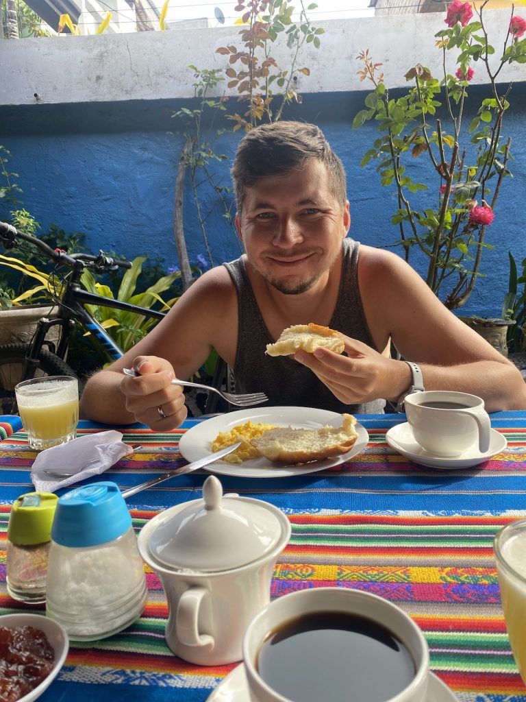 I consuming food and drinking water at the Galapagos hotel