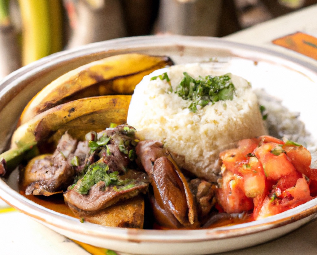 Seco de Chivo restaurant dish_ braised goat stew with rice, tomatoes, avocados and fried bananas