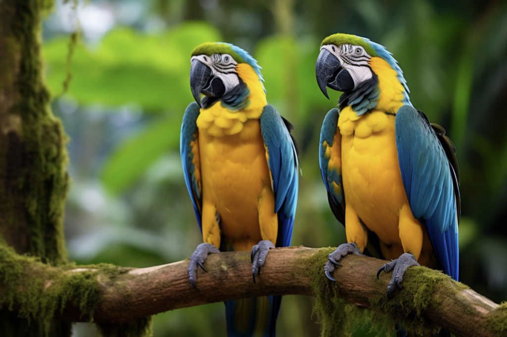Spotting yellow and blue macaws in amazon forest in Yasuni national Park