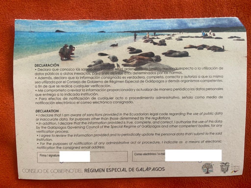 Galapagos entry fee form