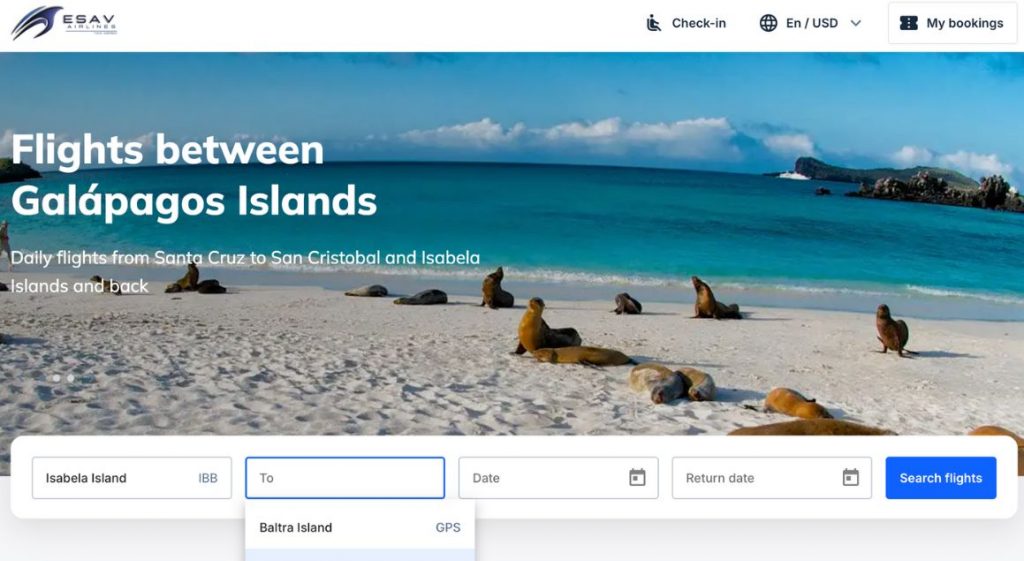 ESAV airlines Galapagos screenshot from official website